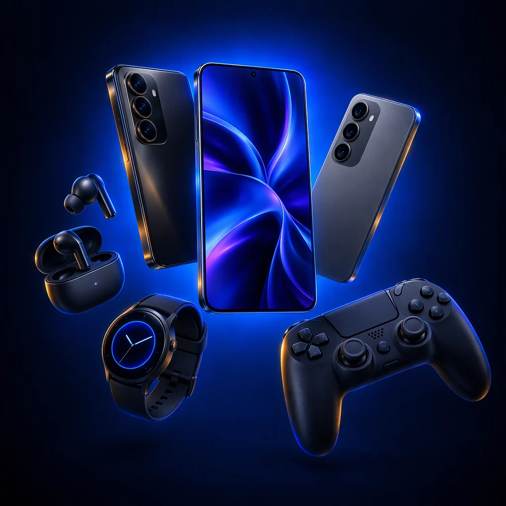 Smartphones, écouteurs, montre connectée et manette — illustration